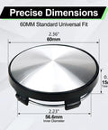 Snap In Wheel Center Caps 4 Pack Premium Scratch Resistant Hub Covers With Secure Lug Clip Design For Cars Trucks And SUVs Showing 60mm Size and Dimensions