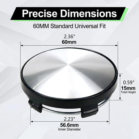 Snap In Wheel Center Caps 4 Pack Premium Scratch Resistant Hub Covers With Secure Lug Clip Design For Cars Trucks And SUVs Showing 60mm Size and Dimensions