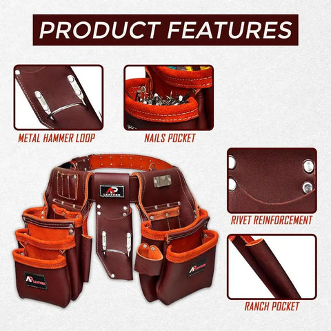 Premium Oil Tanned Leather Tool Belt And Pouch Set For Carpenters Pro Grade Heavy Duty 28 Pocket Maroon Tool Belt details