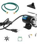 Ready To Roll Heavy Duty 1/10 Hp Electric Water Transfer Pump Delivering 330 Gph Flow With 40 Ft Lift For Effortless Fluid Handling Plug And Play Setup With Six Foot Suction Hose And Snag Free Strainer Attachment components including pump, hose, and accessories.