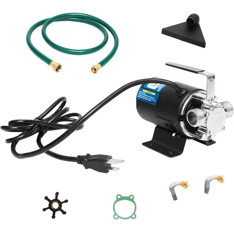 Ready To Roll Heavy Duty 1/10 Hp Electric Water Transfer Pump Delivering 330 Gph Flow With 40 Ft Lift For Effortless Fluid Handling Plug And Play Setup With Six Foot Suction Hose And Snag Free Strainer Attachment components including pump, hose, and accessories.