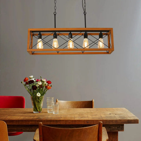 Plug In Five Light Pendant Lamp With E26 Sockets, Rectangle Wood And Metal Farmhouse Chandelier over dining table