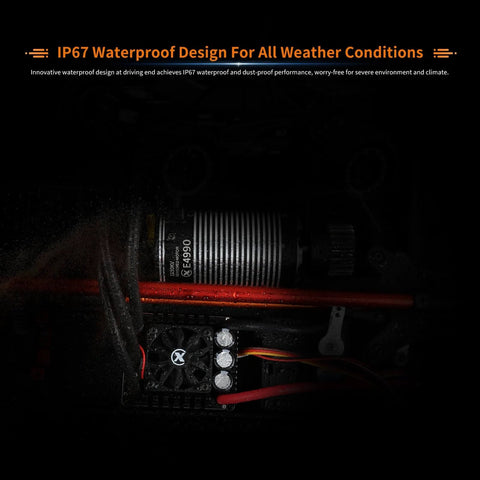 Close-up of Dope Sensored Brushless RC Car Motor 1650KV for 3-8S LiPo, showing IP67 waterproof design in RC vehicle.