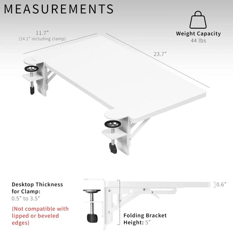 White Clamp On Desk Extender For A Sweet Home Office Upgrade Foldable Desktop Shelf with detailed measurements and capacity.