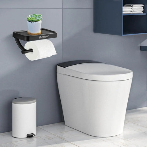 Sturdy Stainless Steel Toilet Paper Holder With Phone Shelf, Wall Mount, featuring adhesive and screw installation in bathroom