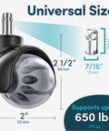 Universal fit heavy-duty office chair wheels with 650 lb capacity