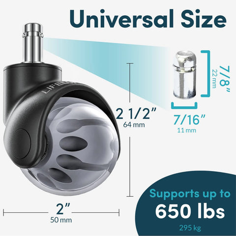 Universal fit heavy-duty office chair wheels with 650 lb capacity