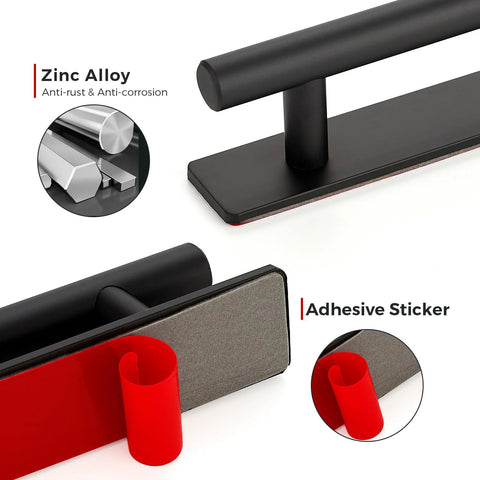 Close-up of 4 Pack Adhesive Cabinet Handles Peel and Stick Black Pull Handles made of zinc alloy with adhesive backing.