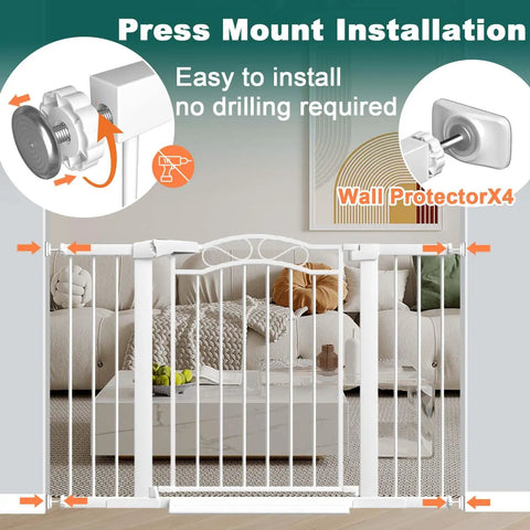 Image of Adjustable Baby Gate For Doorways And Stairs 25.59 To 84.64 Inches Wide Pressure Mounted Walk Through Gate for kids and pets, shown with press mount installation, no drilling required.