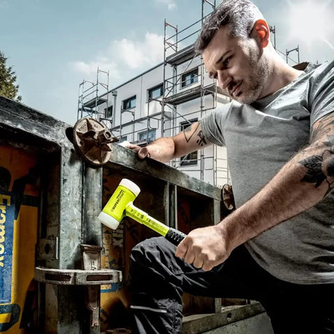Person using Hi Viz Dead Blow Mallet With Non Rebound Action, Durable Nylon Inserts, Break Proof Steel Handle, Anti Slip Grip