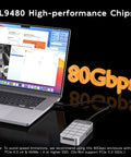 Beast Mode Speed M2 Nvme Ssd Enclosure With Smart Cooling Fan And Tough All Metal Shell supports Thunderbolt 5, connected to laptop.