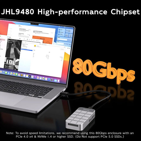 Beast Mode Speed M2 Nvme Ssd Enclosure With Smart Cooling Fan And Tough All Metal Shell supports Thunderbolt 5, connected to laptop.