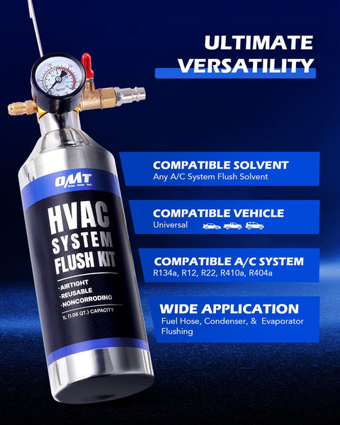 AC Flush Kit With 33.5 Oz Stainless Tank, HVAC Flushing Tool Set for R134a R12 R22 R410a R404a, compatibility and application features