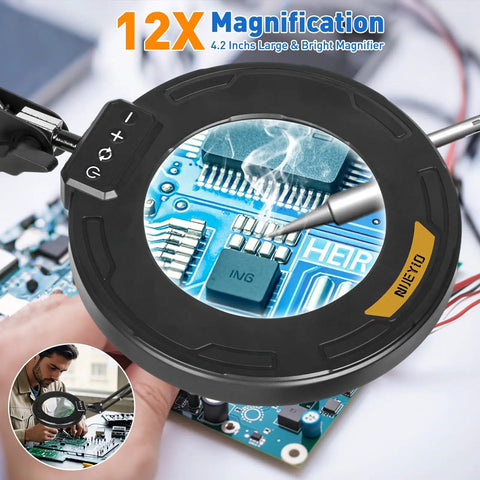 Beefy Long Reach 12X Magnifying Glass With Light And Stand magnifying a circuit board, showing precision detail.