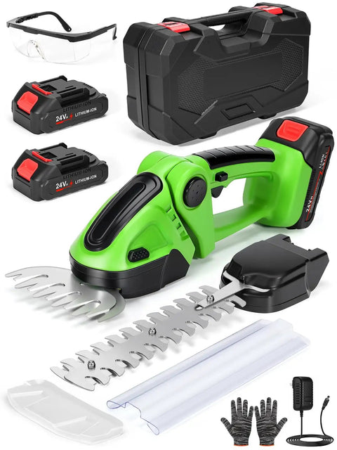 Cordless 2 In 1 Electric Hedge Trimmer With Dual Blades, 2000RPM Handheld Grass Cutter, batteries, charger, and accessories.