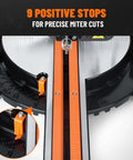 DOVAMAN Updated 10-Inch Sliding Miter Saw front view with orange measurement scale on a black base