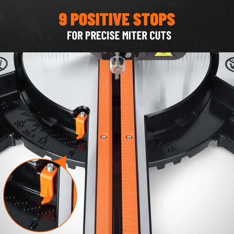 DOVAMAN Updated 10-Inch Sliding Miter Saw front view with orange measurement scale on a black base