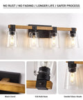 Farmhouse Style Four Light Vanity Light Over Mirror With Rustic Wood Frame And Seeded Glass Shades Vintage Wall Sconce