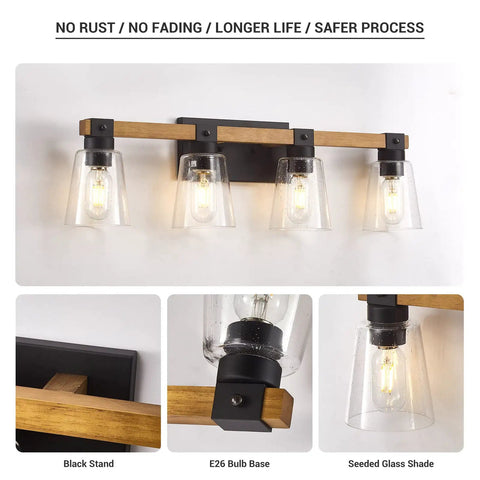 Farmhouse Style Four Light Vanity Light Over Mirror With Rustic Wood Frame And Seeded Glass Shades Vintage Wall Sconce