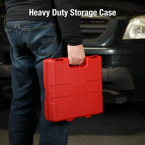 Person holding heavy duty storage case for Beefy 14 Piece Deep Impact Socket Set For Three Quarter To One And Five Eighths Inch Drive