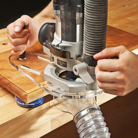 Pro Grade Edge Guide Router Base Plate For Dados, Grooves And Inlays used on a wooden surface, showing clear acrylic design