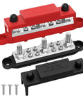 Heavy Duty 250 Amp 12V Power Distribution Block Pair Featuring Thickened Copper Plates, red and black bus bars with screws.