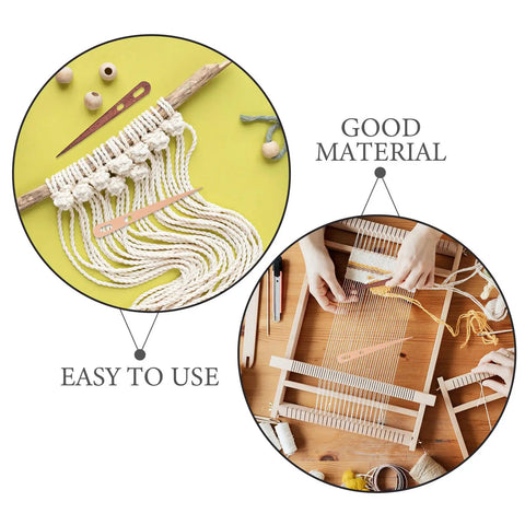 8-Piece Wooden Big Eye Knitting Needles With Double Eye Design And Smooth Rounded Tips For Wool And Nylon Crafts, Ideal For Scarves Macramé Tapestry And Crochet Projects For Yarn Lovers. Wooden big-eye needles shown with yarn weaving and loom use