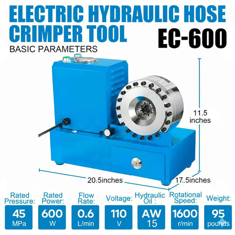 Electric hydraulic hose crimper tool EC-600, 600W, 45 MPa, 95 lbs, blue design with basic parameters for field repairs.