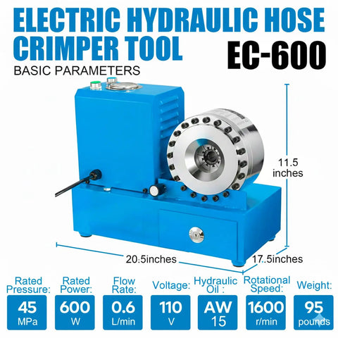 Heavy Duty Portable Electric Hose Crimping Machine With 8 Interchangeable Dies And Limit Switch For R1 R2 Hoses, EC-600 model, 20.5x17.5x11.5 inches.