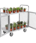 Heavy Duty Convertible Utility Cart 7 In 1 Rolling Platform Truck With Secure Cage Enclosure 2000 Lb Capacity Steel Frame holding potted plants.