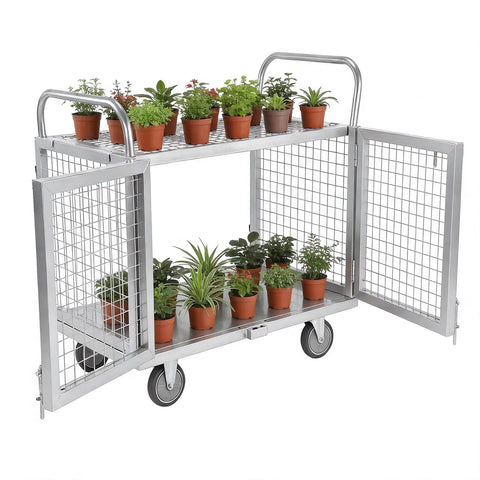 Heavy Duty Convertible Utility Cart 7 In 1 Rolling Platform Truck With Secure Cage Enclosure 2000 Lb Capacity Steel Frame holding potted plants.