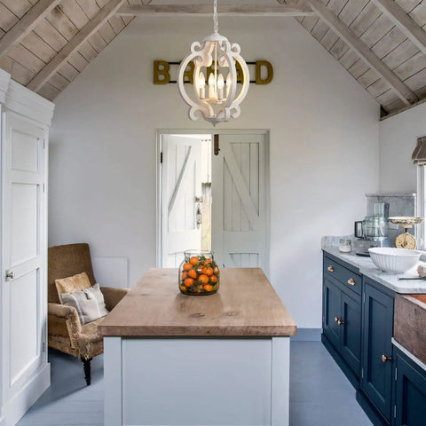 Farmhouse Rustic White Wood Orb Pendant Chandelier For Kitchen Island And Living Room Vintage Vibe 4 Light Fixture in kitchen