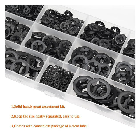 460 Piece Internal Tooth Star Lock Washer Assortment With 9 Sizes Spring Steel Anti Loosening Quick Lock Hardware Kit in organizer.