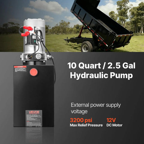 Heavy Duty 12V DC Hydraulic Pump Power Unit With 10 Quart Steel Reservoir, Single Acting 3200 PSI, SAE 6 Connector