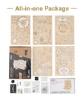 Epic 3D Wooden Owl Clock Puzzle Kit For Adults, Mechanical Model Building DIY Hobby, 161 Pieces, Vintage Owl Design, Silent Quartz Clock, Creative Craft Gift For Men And Women, Home Desk Decor. Flat wooden puzzle sheets, box, and parts laid out.