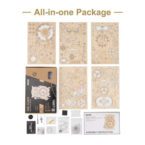 Epic 3D Wooden Owl Clock Puzzle Kit For Adults, Mechanical Model Building DIY Hobby, 161 Pieces, Vintage Owl Design, Silent Quartz Clock, Creative Craft Gift For Men And Women, Home Desk Decor. Flat wooden puzzle sheets, box, and parts laid out.