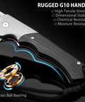 3.6 Inch D2 Steel Pocket Knife For Men With G10 Handle Dope Do It All EDC Folding Knife For Everyday Carry Strong Edge Retention Textured Grip Smooth Flipping Action, close-up G10 handle and brass ball bearing