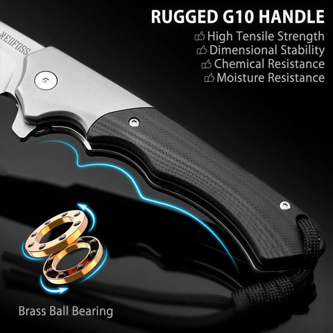 3.6 Inch D2 Steel Pocket Knife For Men With G10 Handle Dope Do It All EDC Folding Knife For Everyday Carry Strong Edge Retention Textured Grip Smooth Flipping Action, close-up G10 handle and brass ball bearing