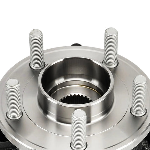 Close-up of wheel hub from Front Steering Knuckle And Wheel Bearing Hub Assembly Kit For Ford Focus 2012 2018 Front Left And Right 2 Piece Set Replaces BR935005LK BR935006LK Direct Fit No Fuss Install