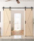 36 Inch By 84 Inch Sliding Barn Wood Door Pre Drilled DIY Ready To Assemble Unfinished Solid Spruce Panel Interior Single Door Natural Finish K Frame Rail Compatible For Six Foot To Six And A Half Foot Rail installed in a modern living room setting