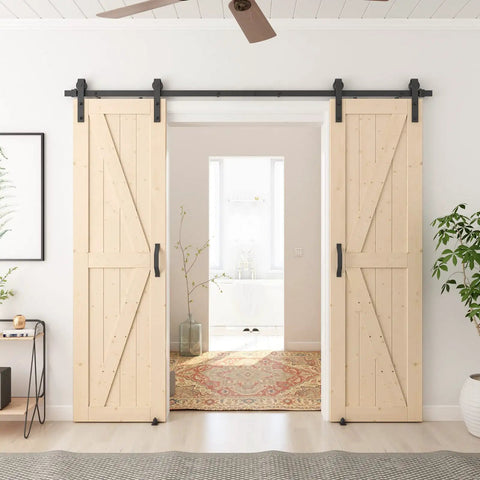 36 Inch By 80 Inch Sliding Barn Wood Door Pre Drilled Ready To Assemble Unfinished Solid Spruce Panel Door Installed