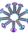 Bulletproof Grade Five Titanium Water Bottle Cage Bolts And Bicycle Rotor Screws Kit Paired With Torx M5 Hardware For Ironclad Grip and colorful screws in circular arrangement.