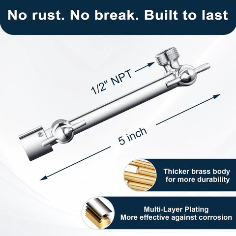 Diagram showing Brass Shower Arm Extender For Rain And Handheld Shower Heads, 5 Inch Universal Shower Head Extension Arm, Chrome
