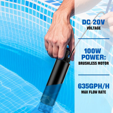 Cordless Water Pump Compatible With Milwaukee 18V M18 Battery 635 GPH Portable Utility Transfer for pool use with brushless motor.