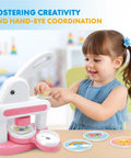 Awesome Button Maker Machine Badge Punch Press Pin Kit With 55mm And 35mm Sizes For Badges Includes 36 Buttons With Magnet Backs Six Keychains Metal Circle Cutter And Scissors For Cutting Perfect For Home Business Creators Making Gifts Right Now. child using a white and pink button maker machine with round badge pieces