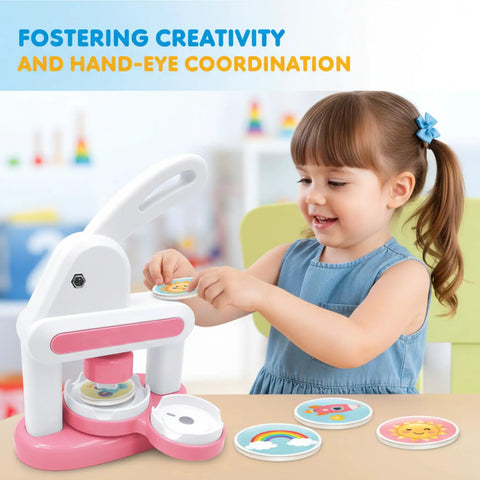 Awesome Button Maker Machine Badge Punch Press Pin Kit With 55mm And 35mm Sizes For Badges Includes 36 Buttons With Magnet Backs Six Keychains Metal Circle Cutter And Scissors For Cutting Perfect For Home Business Creators Making Gifts Right Now. child using a white and pink button maker machine with round badge pieces