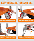 Hydraulic lift table cart with orange frame and red wheels; four-panel installation and lift operation steps