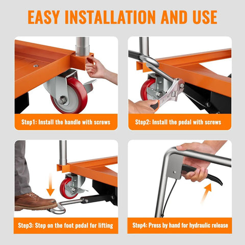 Easy installation steps for GarveeTech 770 Lbs Capacity Hydraulic Lift Table Cart With Non-Slip Pad, 59 Inch Manual Double Scissor Platform