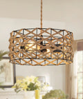 Boho Pendant Light Rustic Hand Woven Hemp Rope Drum Cage Rattan Hanging Lamp Wicker Coastal Farmhouse Chandelier With Two E26 Sockets