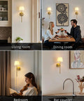 Legit Dope Gold Cordless Wall Sconces Set Of Two With Soft Beige Fabric And Warm LED lighting in various rooms.